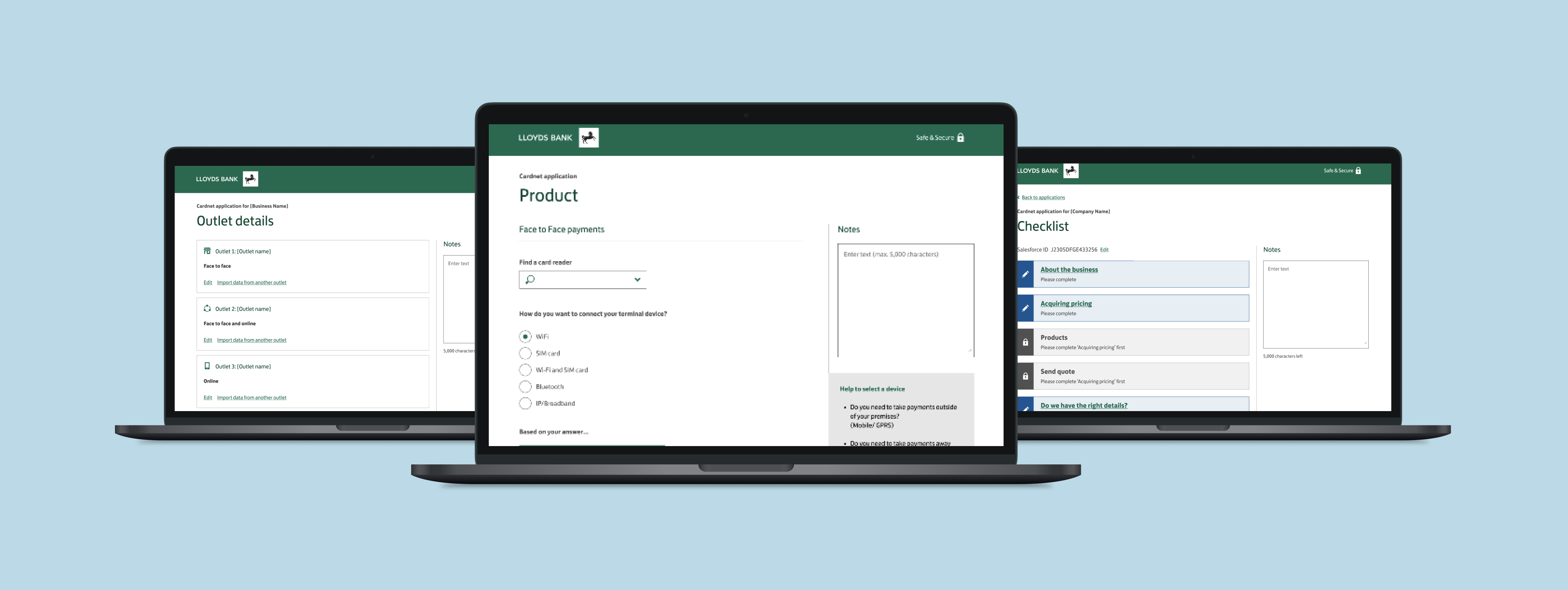 Cardnet onboarding tool — Outlet details, Product selector and Checklist screens across multiple laptops