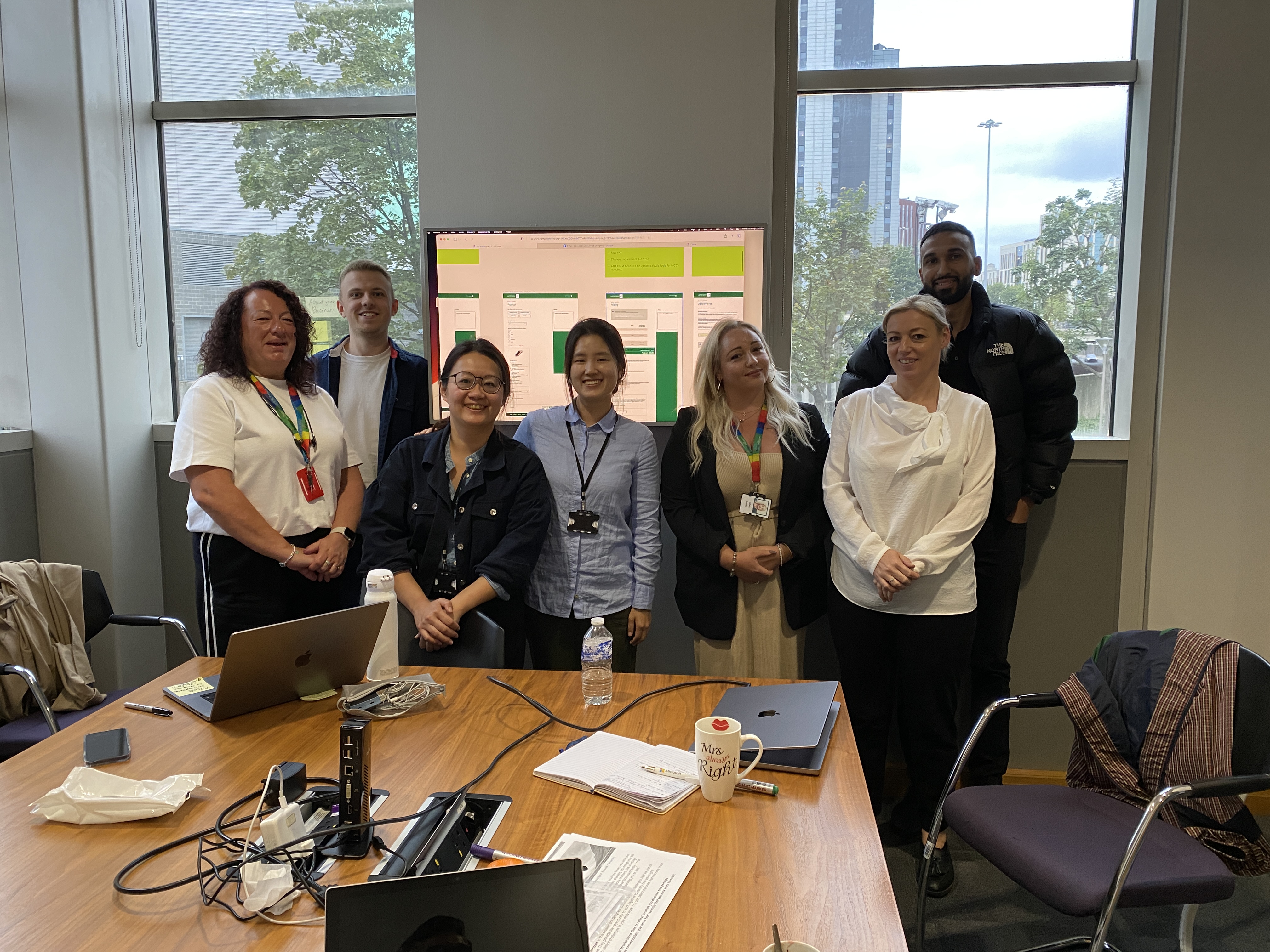 Prototyping session — screens printed and annotated on wall