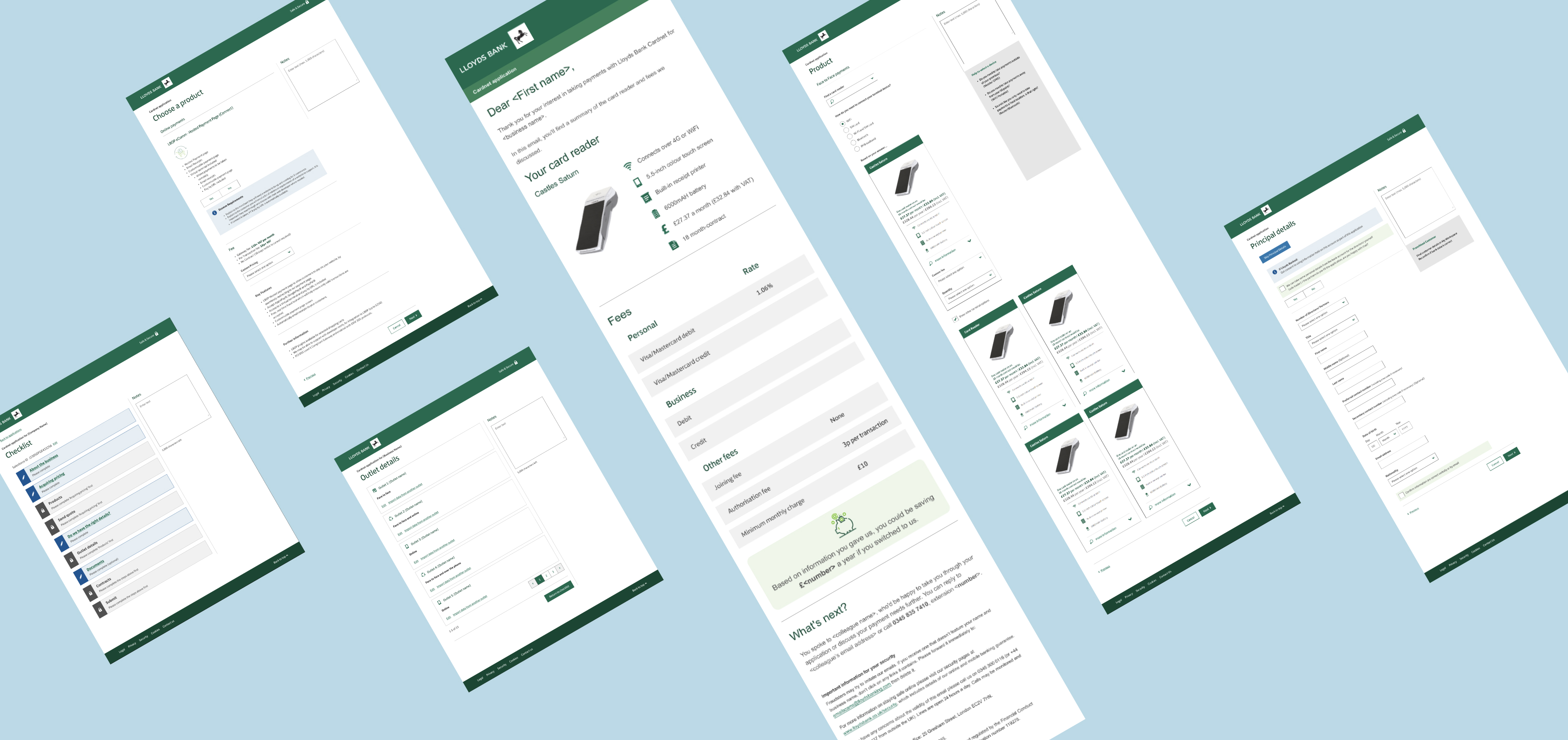 Redesigned Cardnet onboarding tool — key screens across product selector, outlet details, checklist, principal details, eCommerce, and quote email