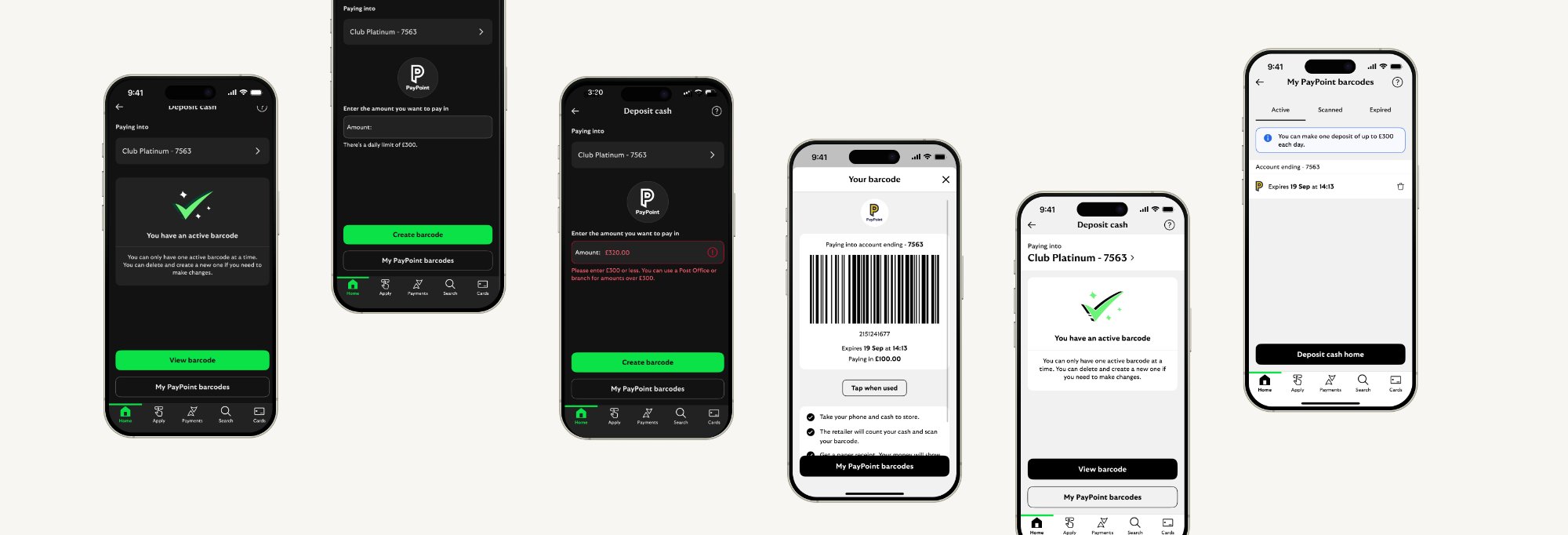 PayPoint Cash Deposit — key screens on mobile