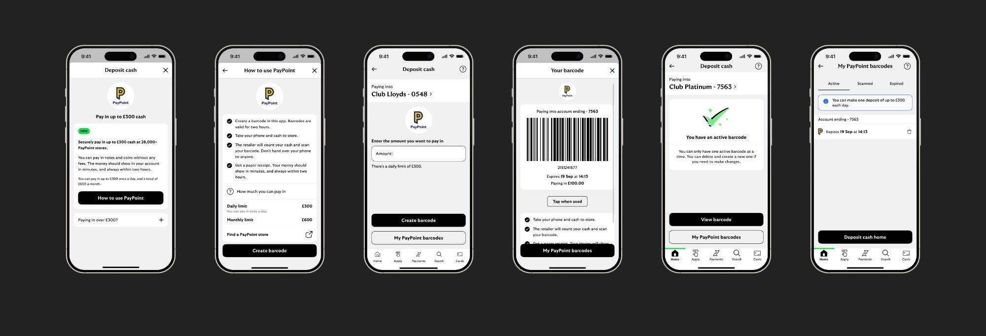 Key screens — final delivered Deposit Cash UI