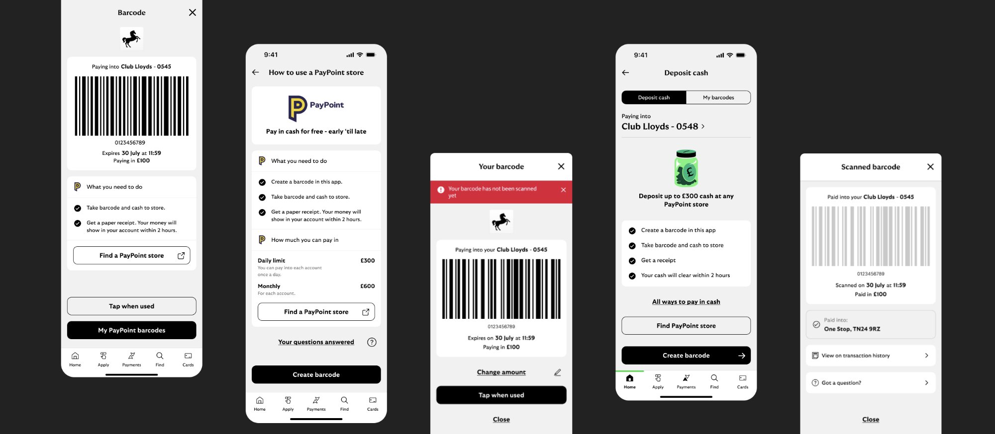 Early UX exploration board — Deposit Cash
